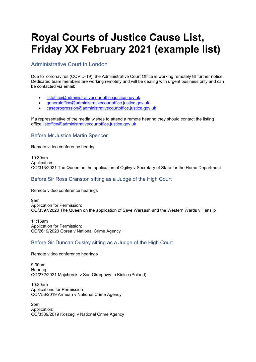 Royal Courts of Justice Cause List, Friday XX February 2021 (Example List)