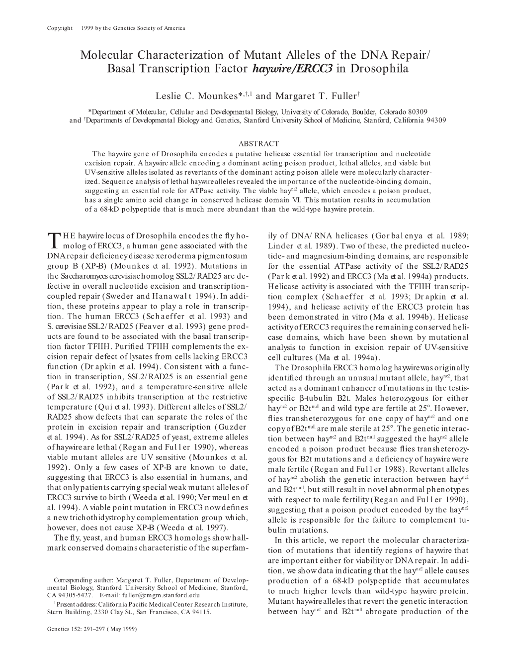 Molecular Characterization of Mutant Alleles of the DNA Repair/ Basal Transcription Factor Haywire/ERCC3 in Drosophila