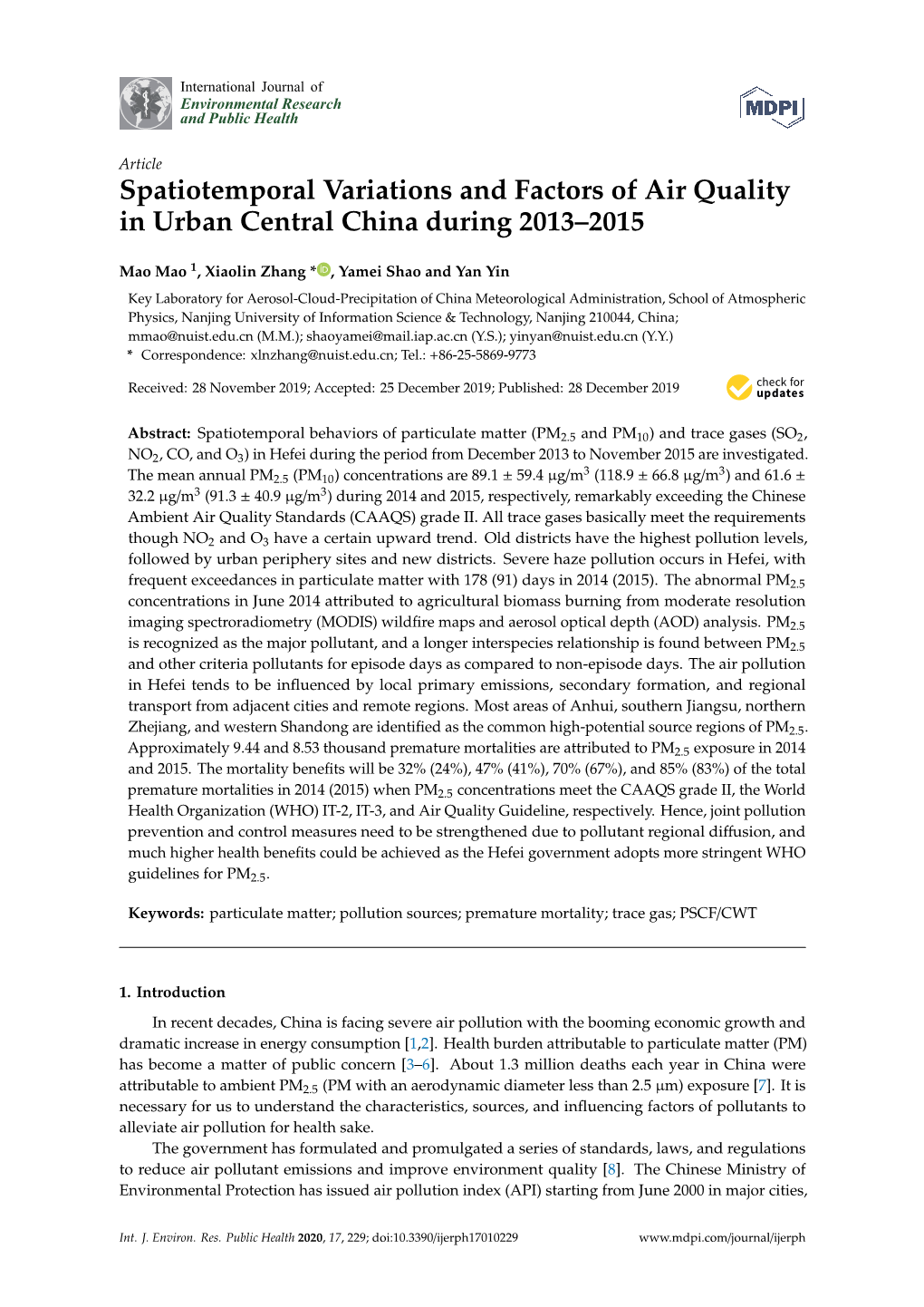 Spatiotemporal Variations and Factors of Air Quality in Urban Central China During 2013–2015