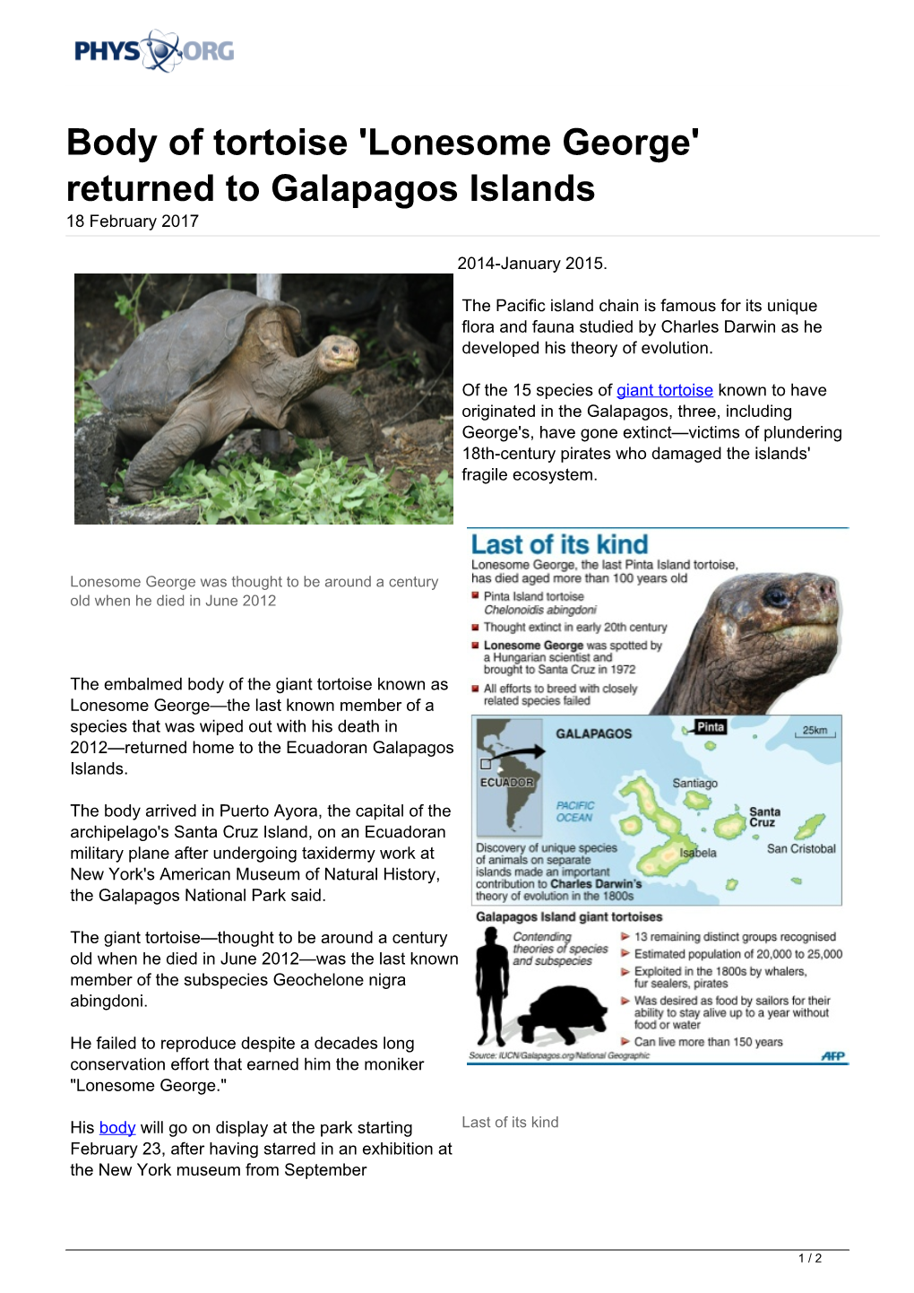 Lonesome George' Returned to Galapagos Islands 18 February 2017