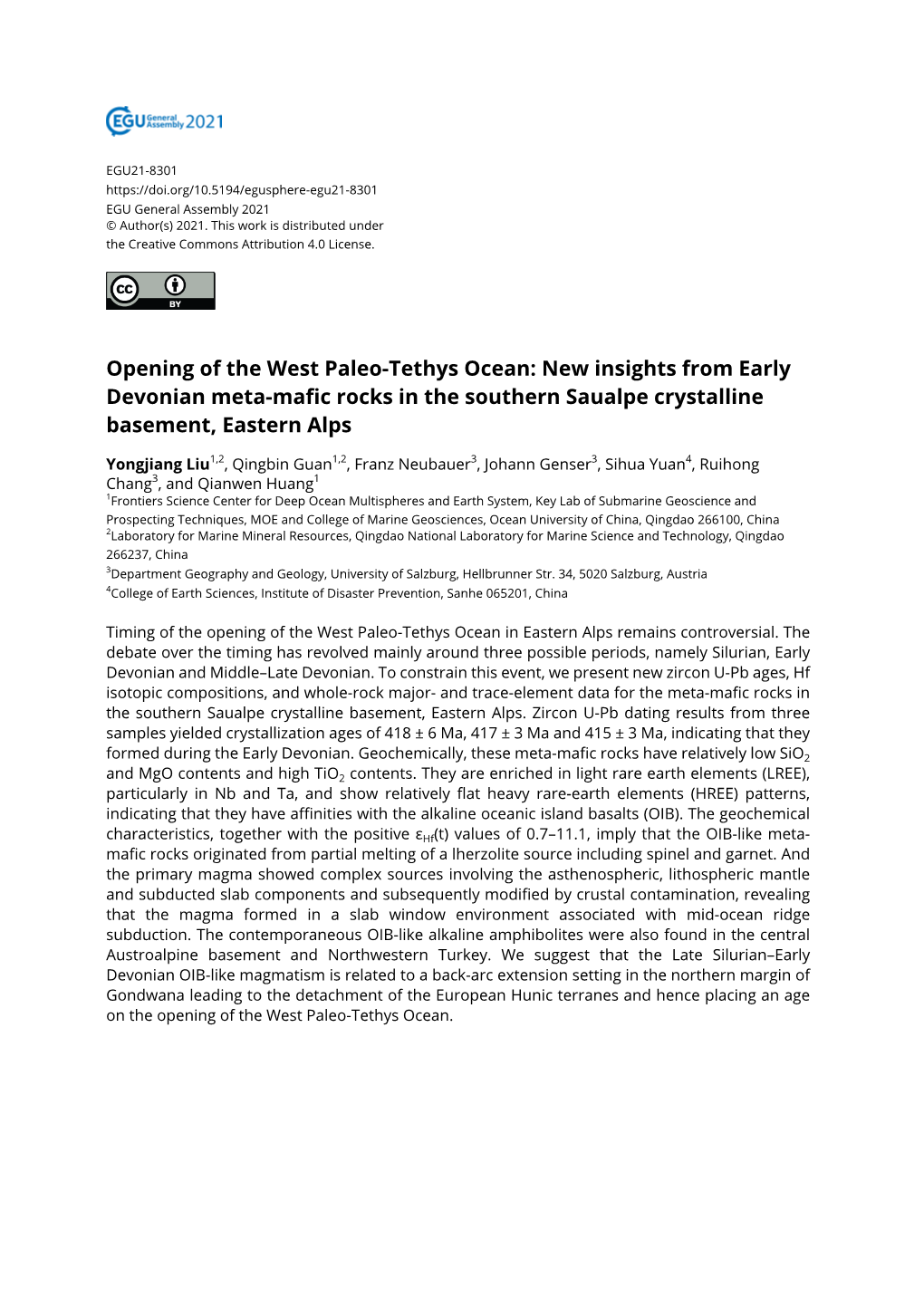 Opening of the West Paleo-Tethys Ocean: New Insights from Early Devonian Meta-Mafic Rocks in the Southern Saualpe Crystalline Basement, Eastern Alps