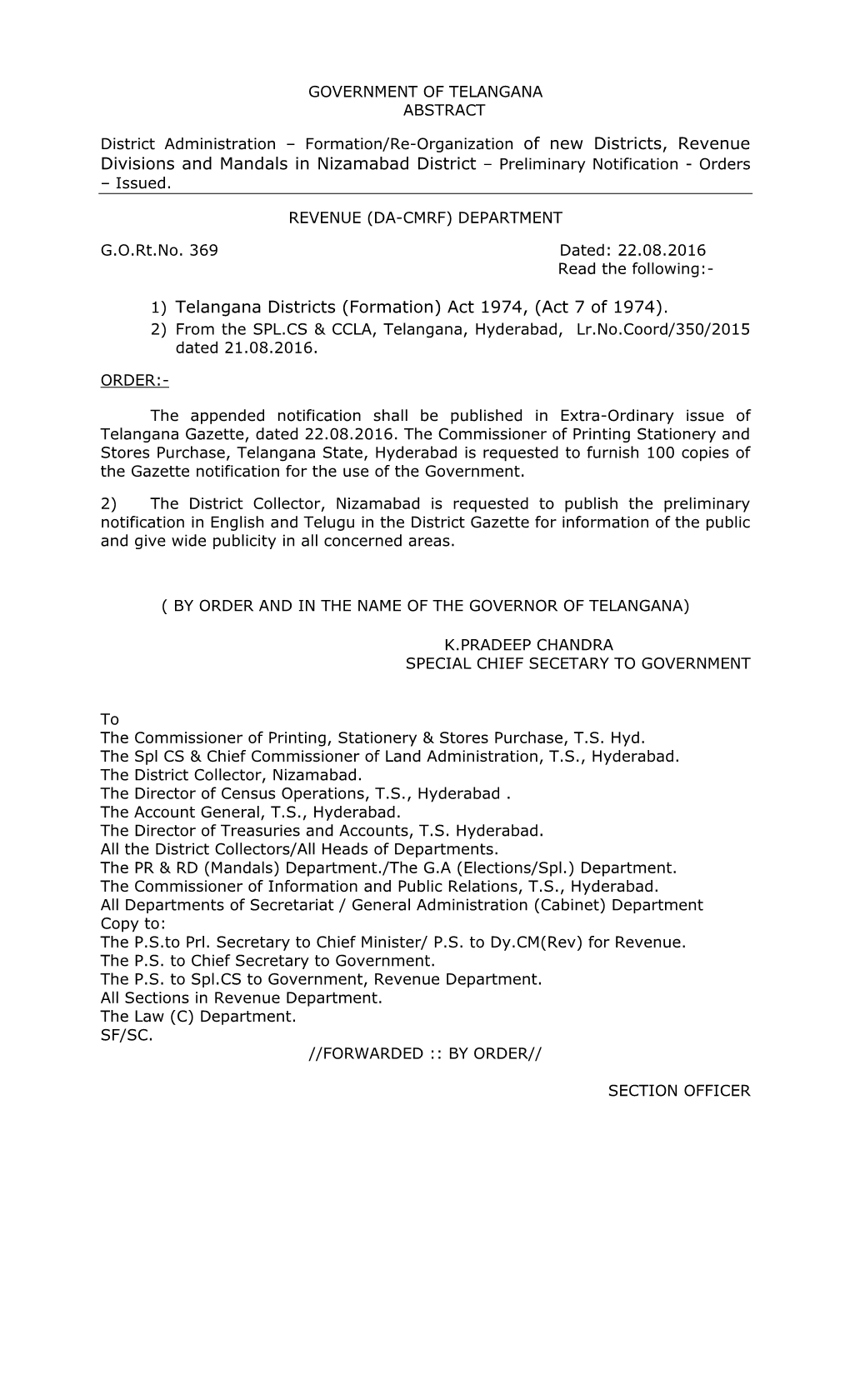Of New Districts, Revenue Divisions and Mandals in Nizamabad District – Preliminary Notification - Orders – Issued