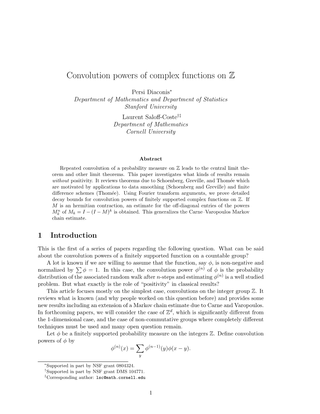 Convolution Powers of Complex Functions on Z