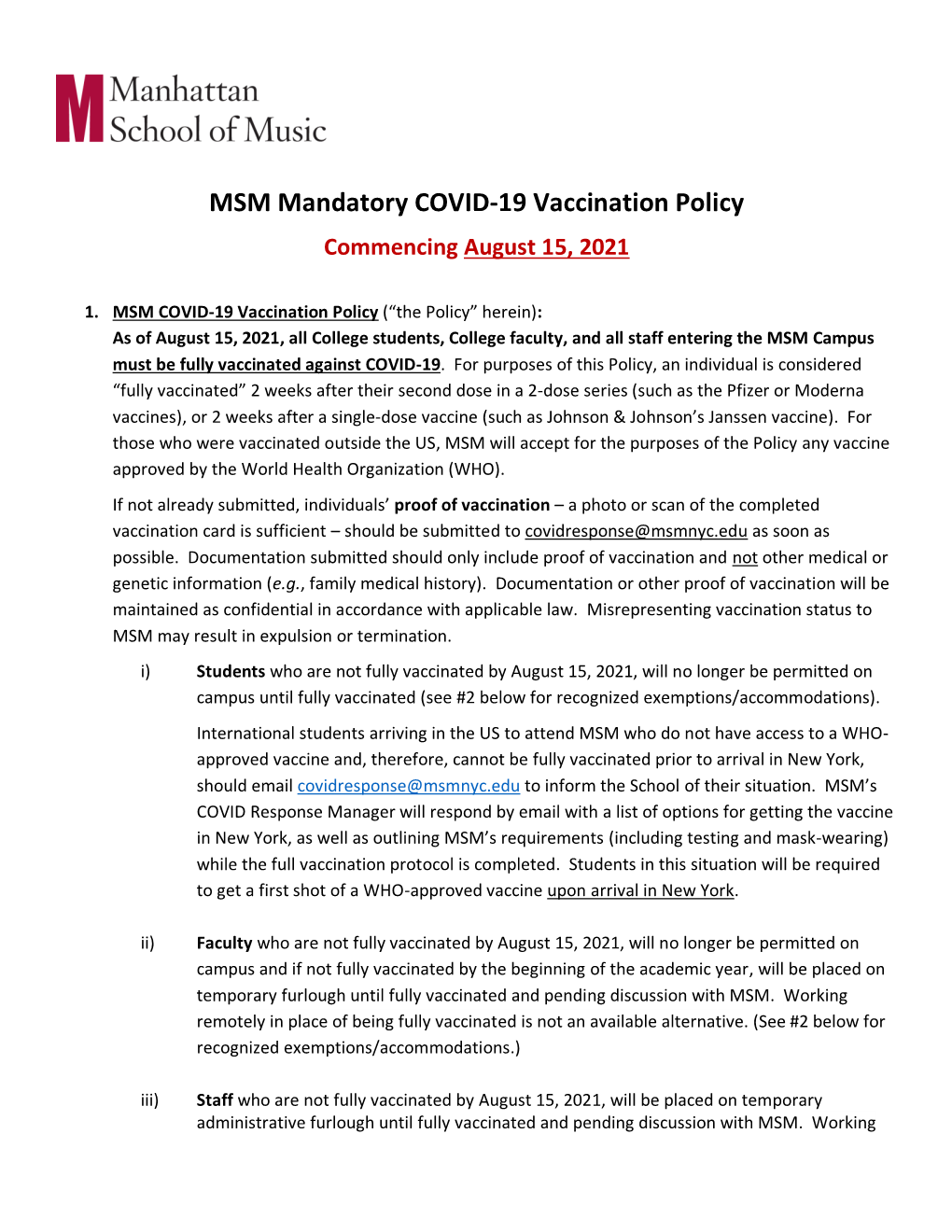 MSM Mandatory COVID-19 Vaccination Policy