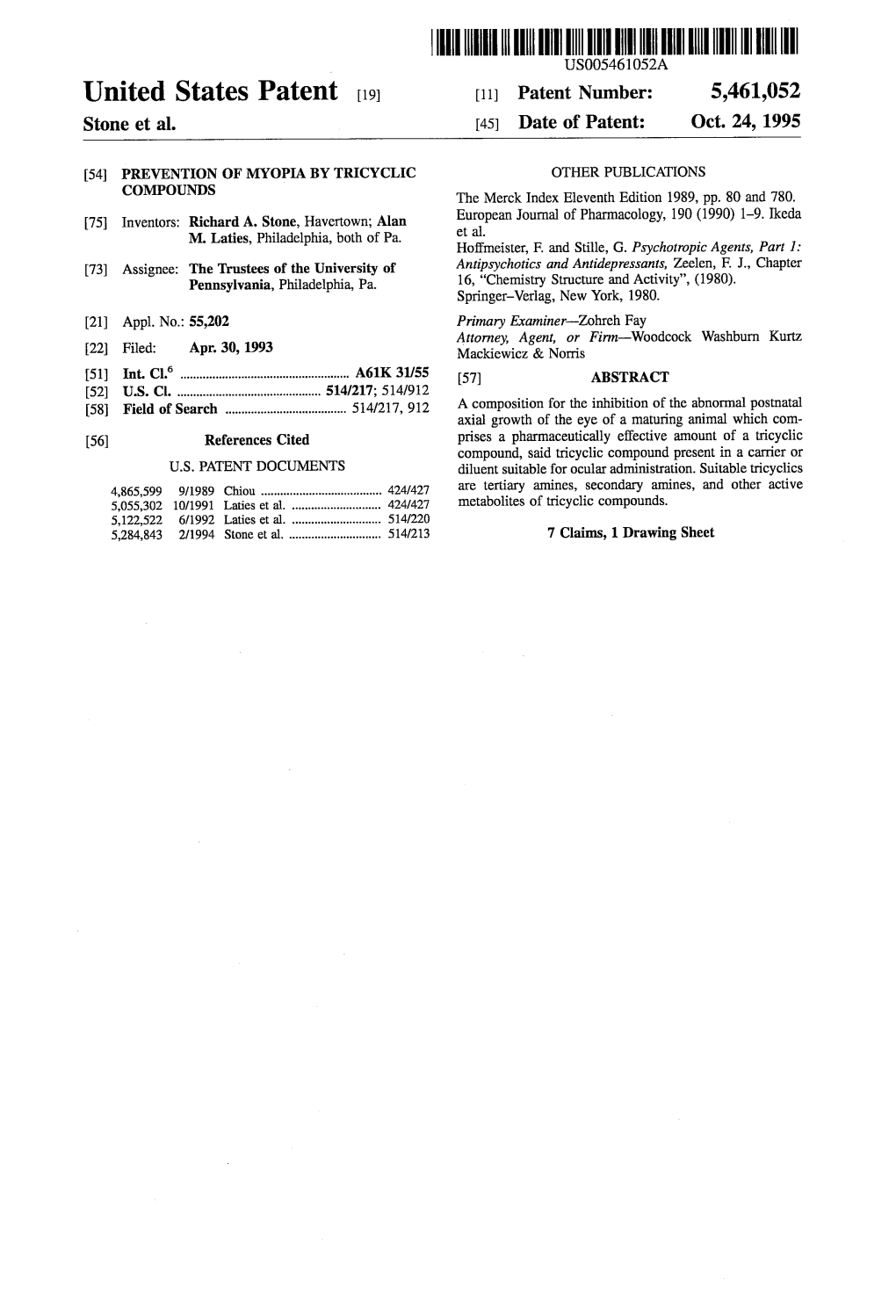 United States Patent (19) 11) Patent Number: 5,461,052 Stone Et Al