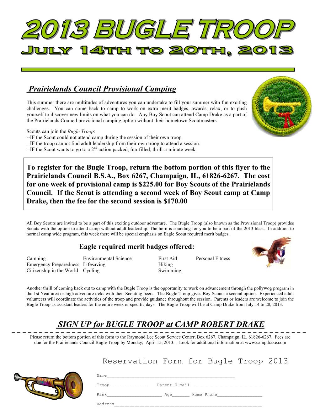 Prairielands Council Provisional Camping SIGN up for BUGLE