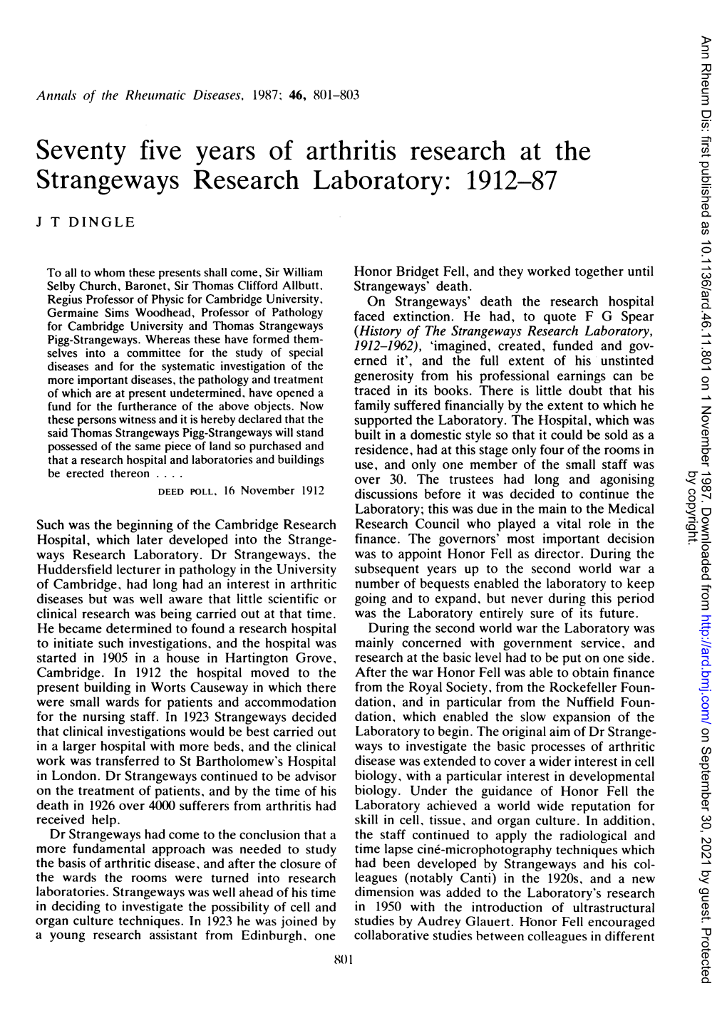 Seventy Five Years of Arthritis Research at the Strangeways Research Laboratory: 1912-87