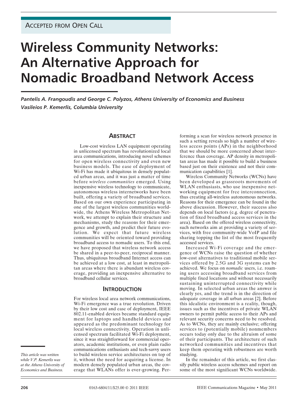 Wireless Community Networks: an Alternative Approach for Nomadic Broadband Network Access