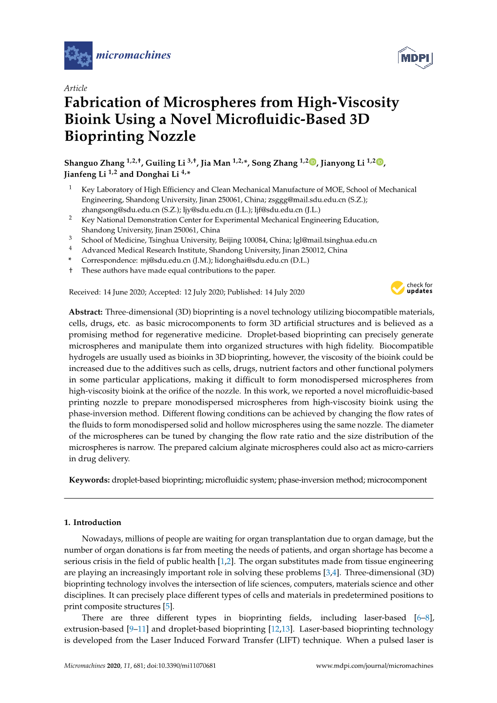 Fabrication of Microspheres from High-Viscosity Bioink Using a Novel Microﬂuidic-Based 3D Bioprinting Nozzle