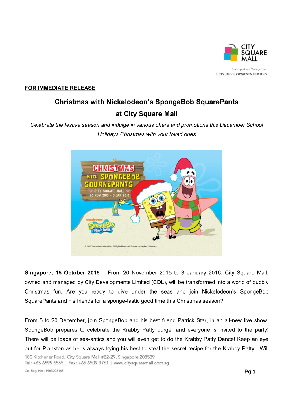 Christmas with Nickelodeon's Spongebob Squarepants at City