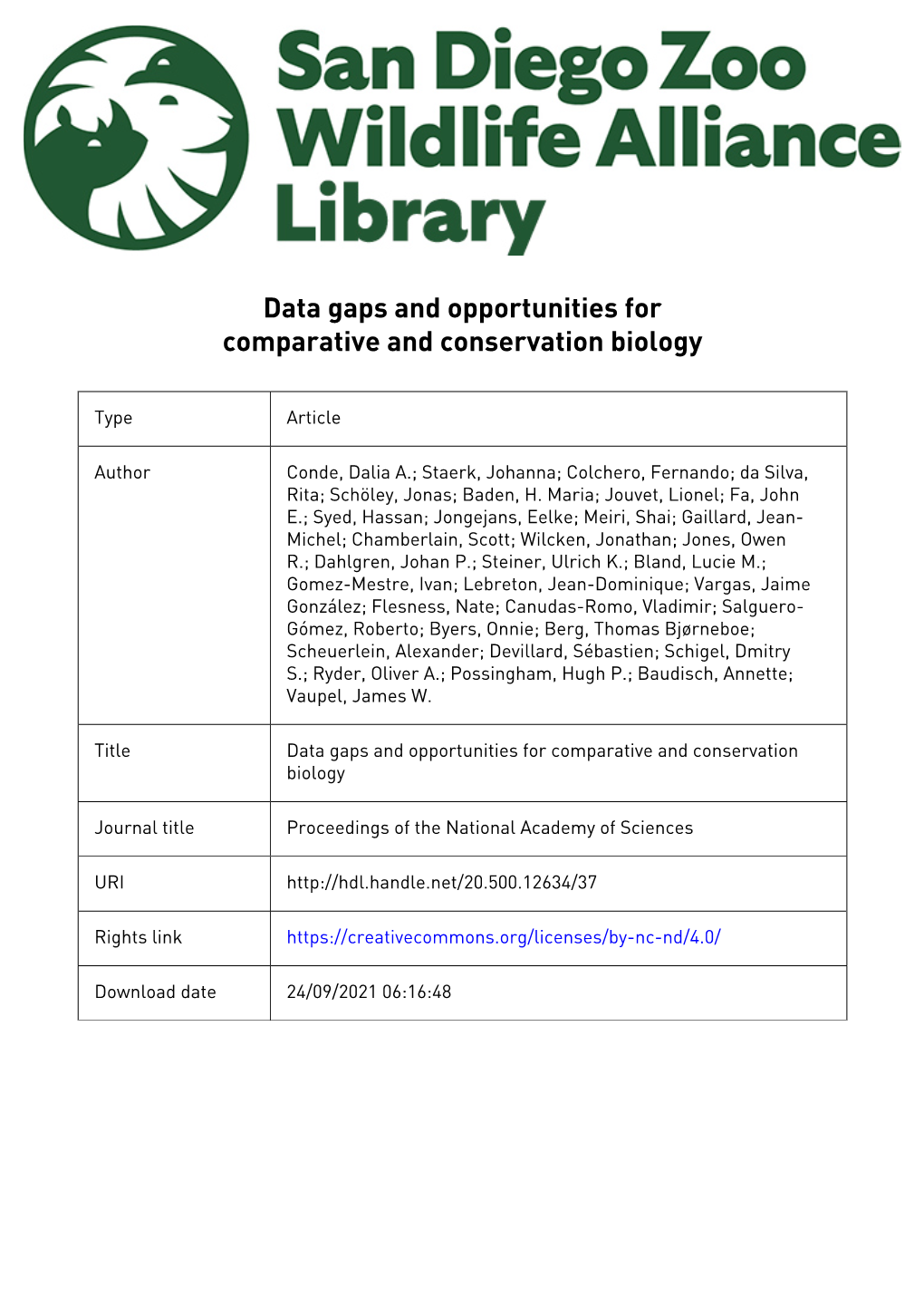 Data Gaps and Opportunities for Comparative and Conservation Biology