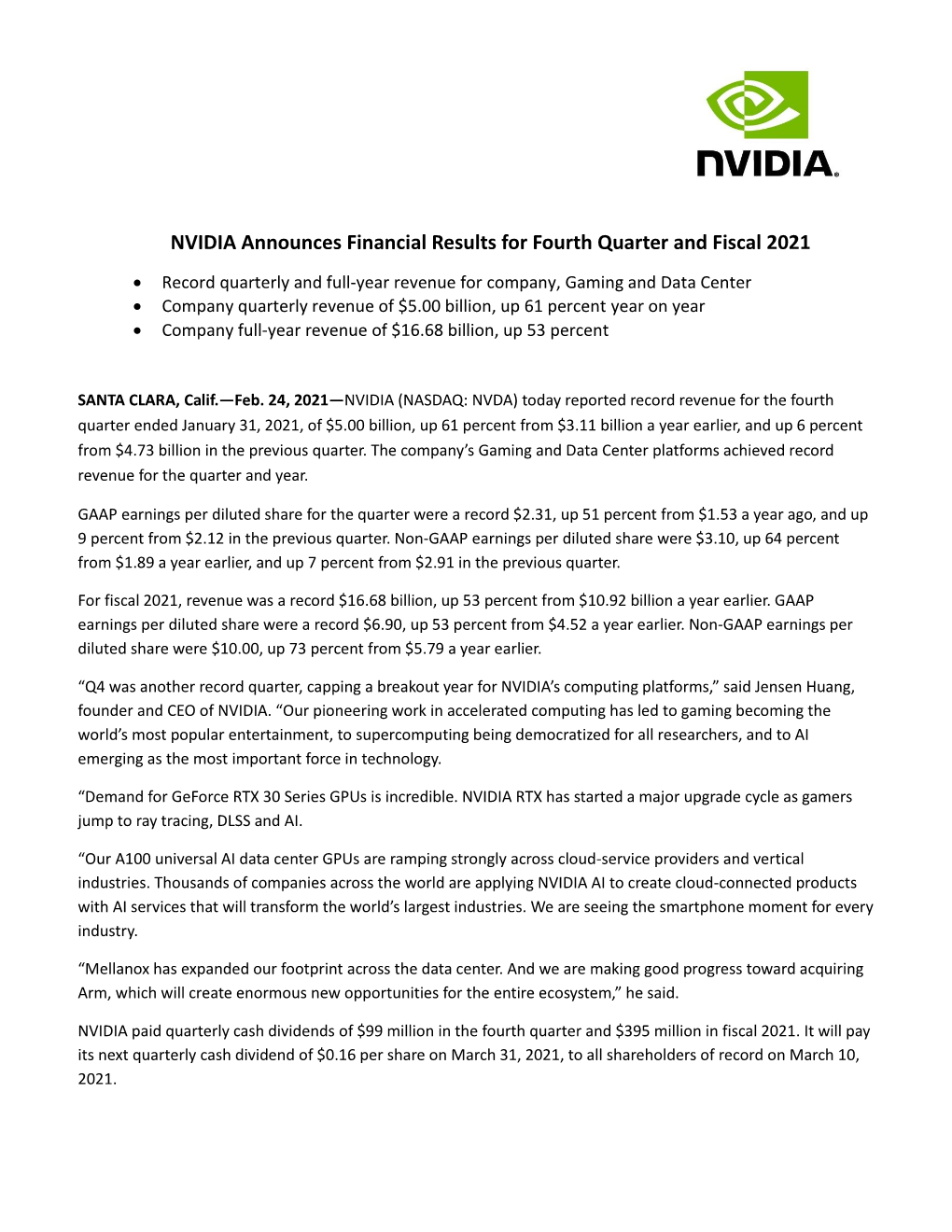 NVIDIA Announces Financial Results for Fourth Quarter and Fiscal 2021
