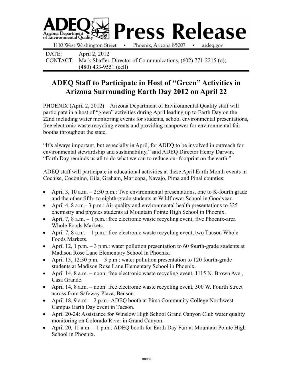 Activities in Arizona Surrounding Earth Day 2012 on April 22