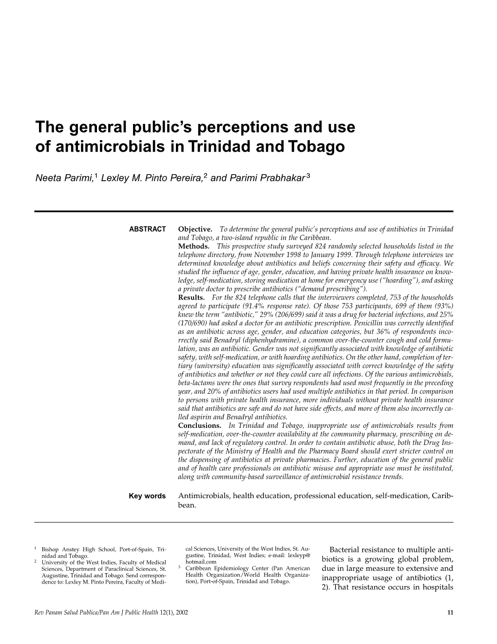 The General Public's Perceptions and Use of Antimicrobials in Trinidad