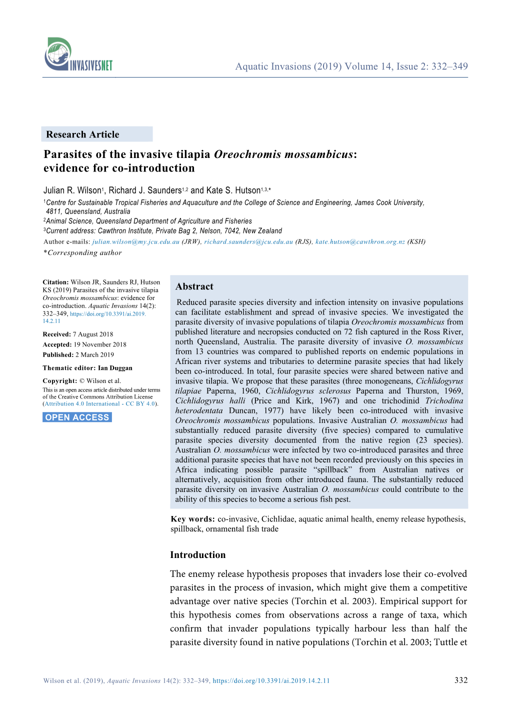 Parasites of the Invasive Tilapia Oreochromis Mossambicus: Evidence for Co-Introduction