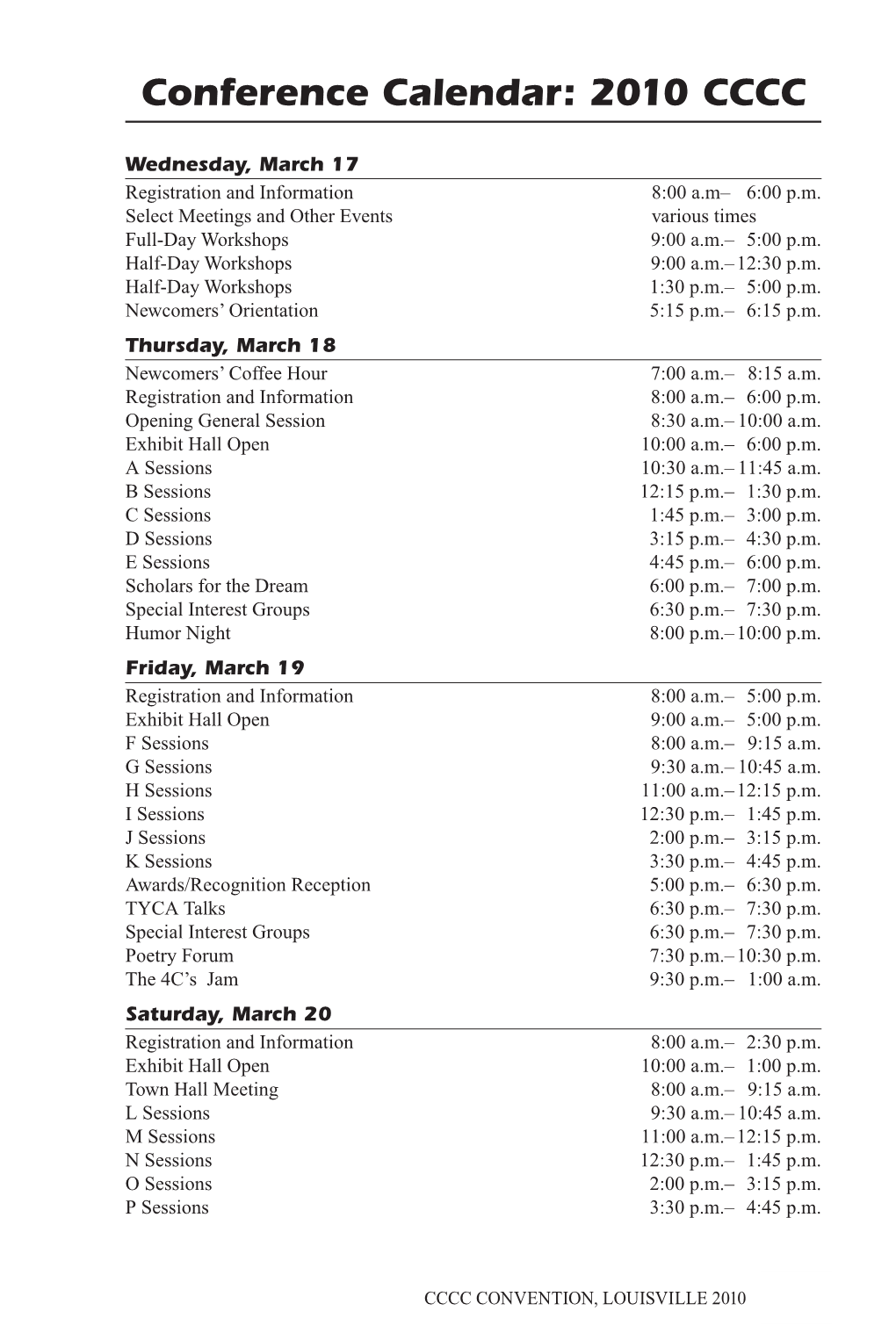 Conference Calendar: 2010 CCCC