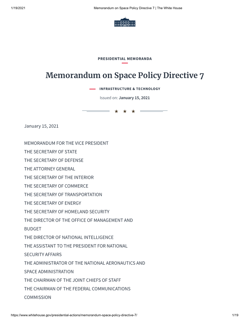 Memorandum on Space Policy Directive 7 | the White House