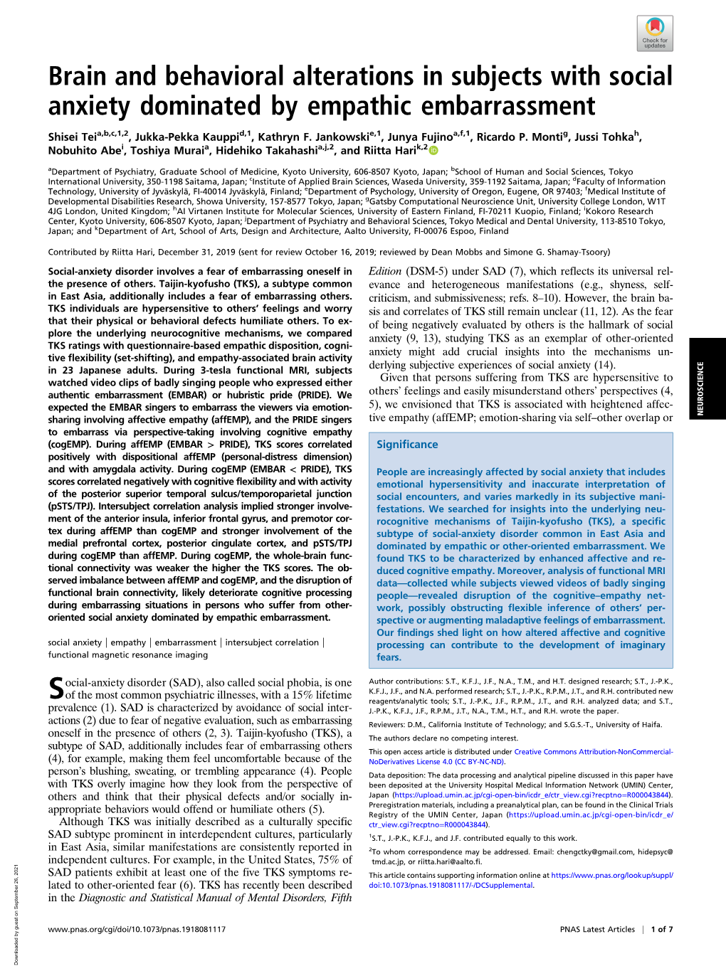 Brain and Behavioral Alterations in Subjects with Social Anxiety Dominated by Empathic Embarrassment