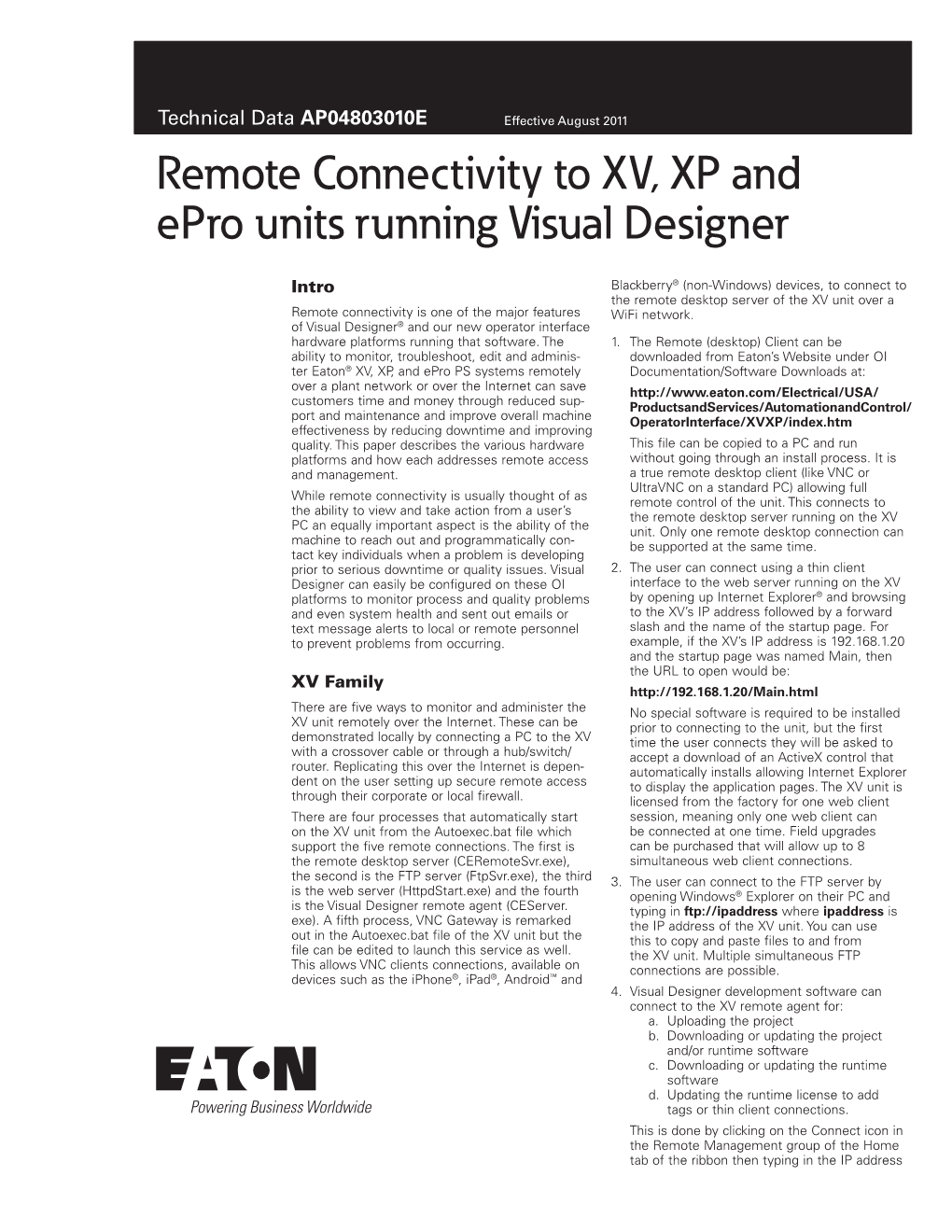 Remote Connectivity to XV, XP and Epro Units Running Visual Designer