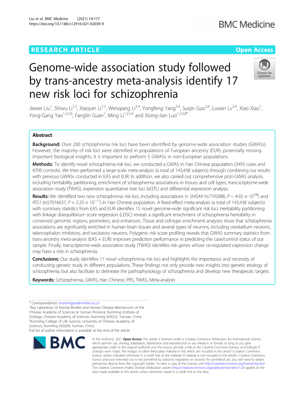 Genome-Wide Association Study Followed by Trans-Ancestry Meta-Analysis Identify 17 New Risk Loci for Schizophrenia