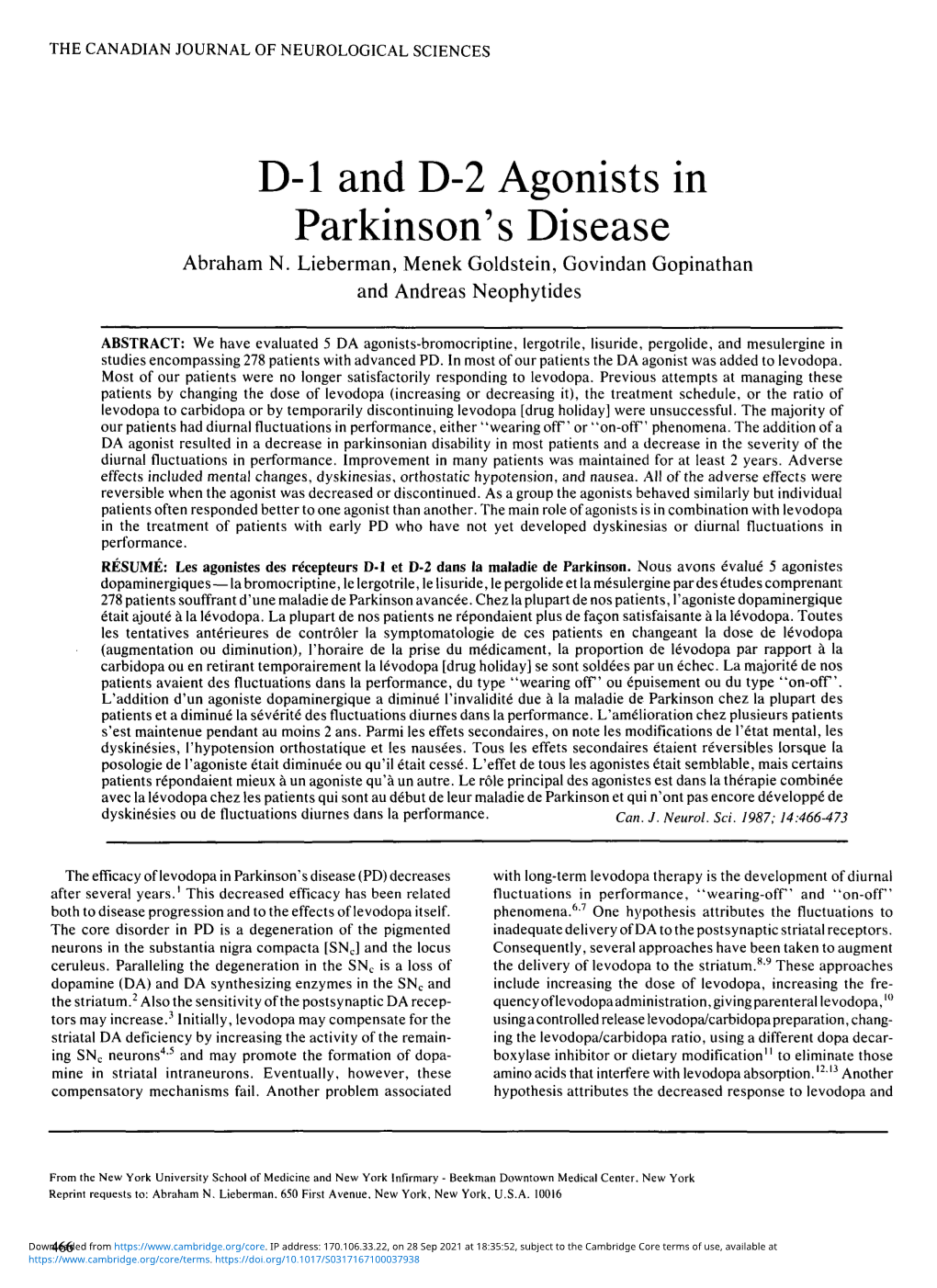 D-L and D-2 Agonists in Parkinson's Disease Abraham N