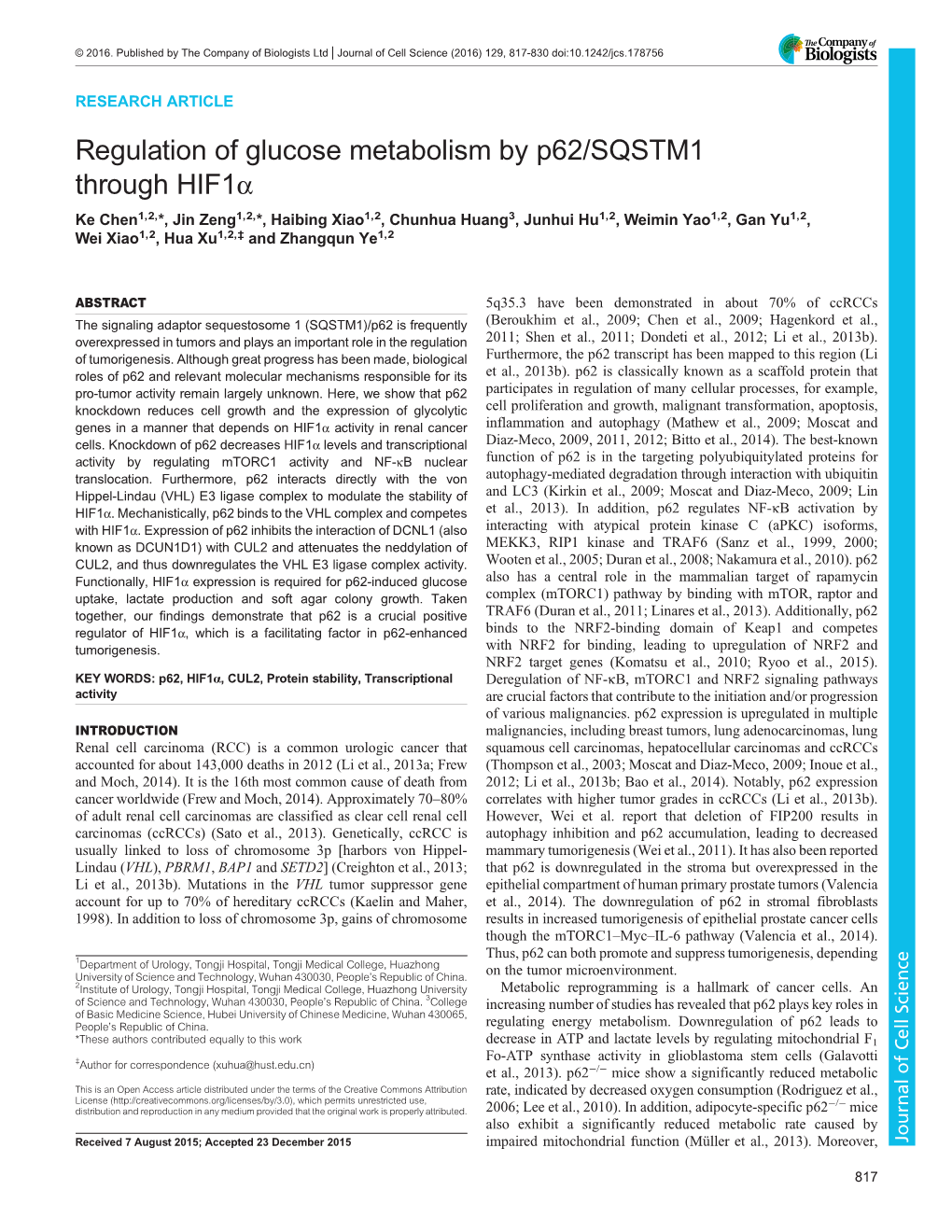 Regulation of Glucose Metabolism by P62/SQSTM1 Through Hif1α