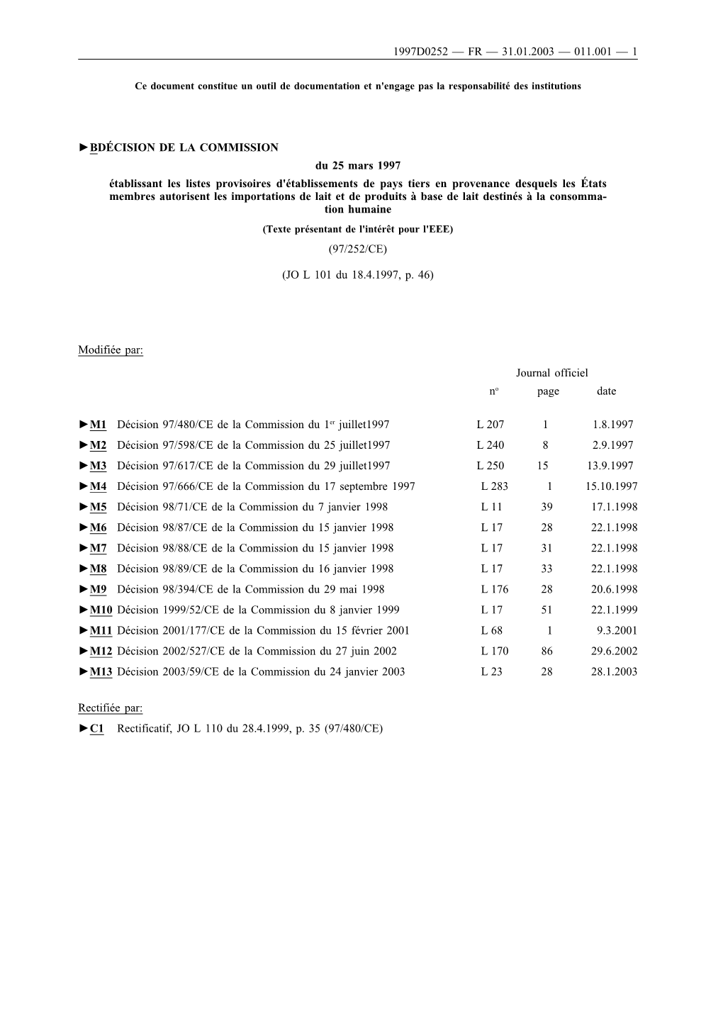 1997D0252 — Fr — 31.01.2003 — 011.001 — 1 B Décision De La