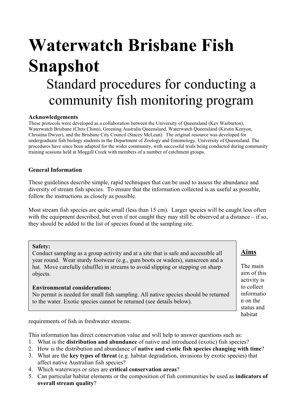 Waterwatch Brisbane Fish Snapshot Standard Procedures for Conducting a Community Fish Monitoring Program