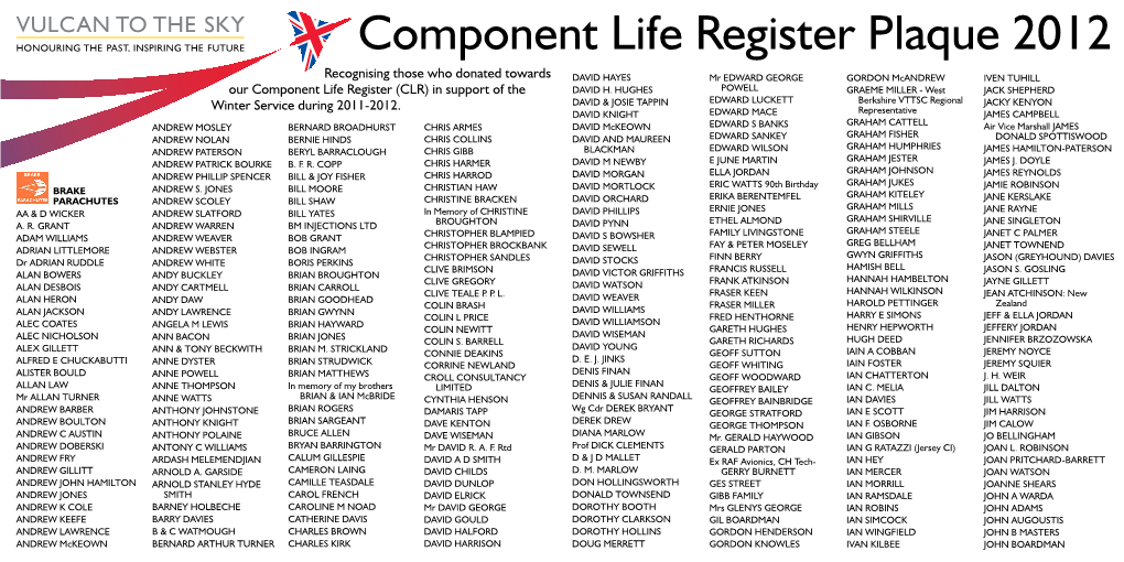 Recognising Those Who Donated Towards Our Component Life Register (CLR) in Support of the Winter Service During 2011-2012