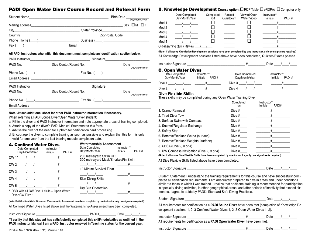 Open Water Diver Course Record and Referral Form B