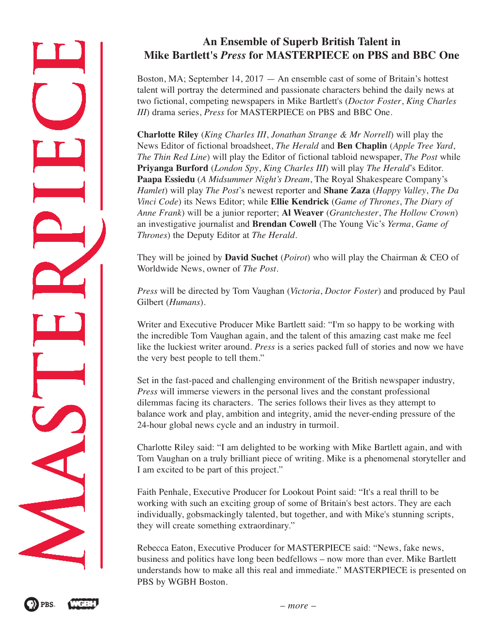 An Ensemble of Superb British Talent in Mike Bartlett's Press for MASTERPIECE on PBS and BBC One