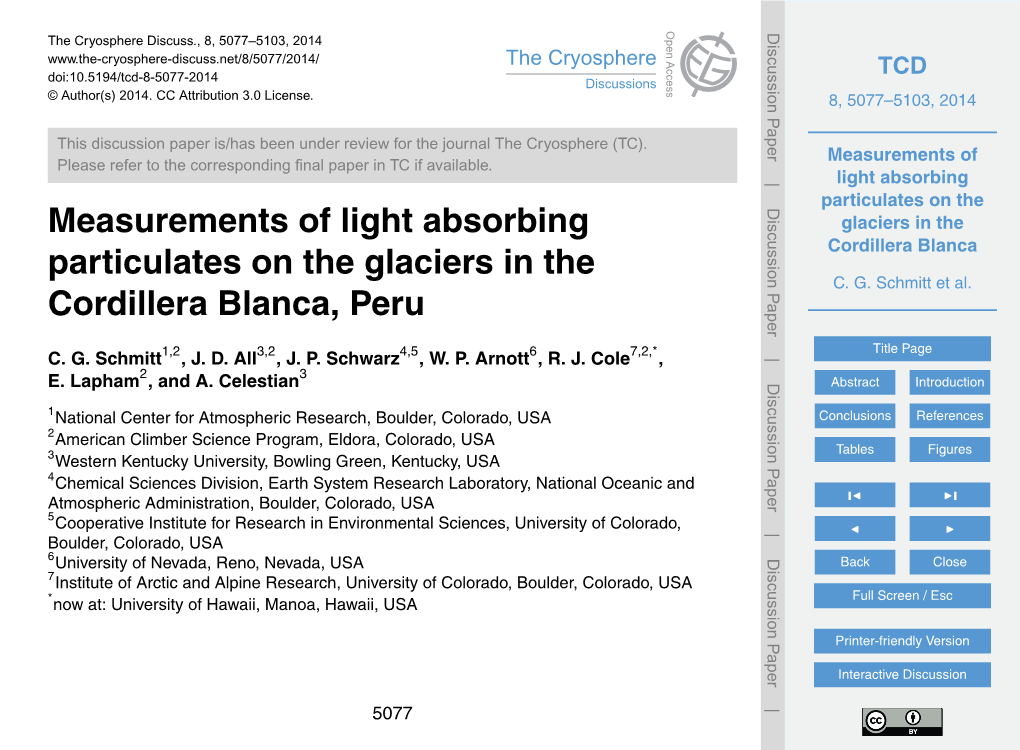 Measurements of Light Absorbing Particulates on the Glaciers in the Cordillera Blanca