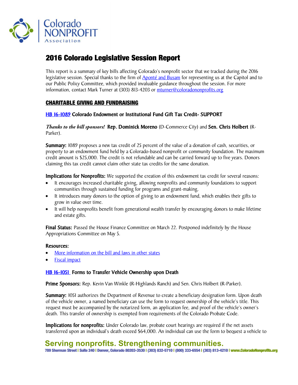 Serving Nonprofits. Strengthening Communities. 2016 Colorado Legislative Session Report