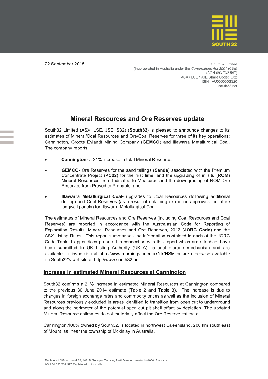 Mineral Resources and Ore Reserves Update