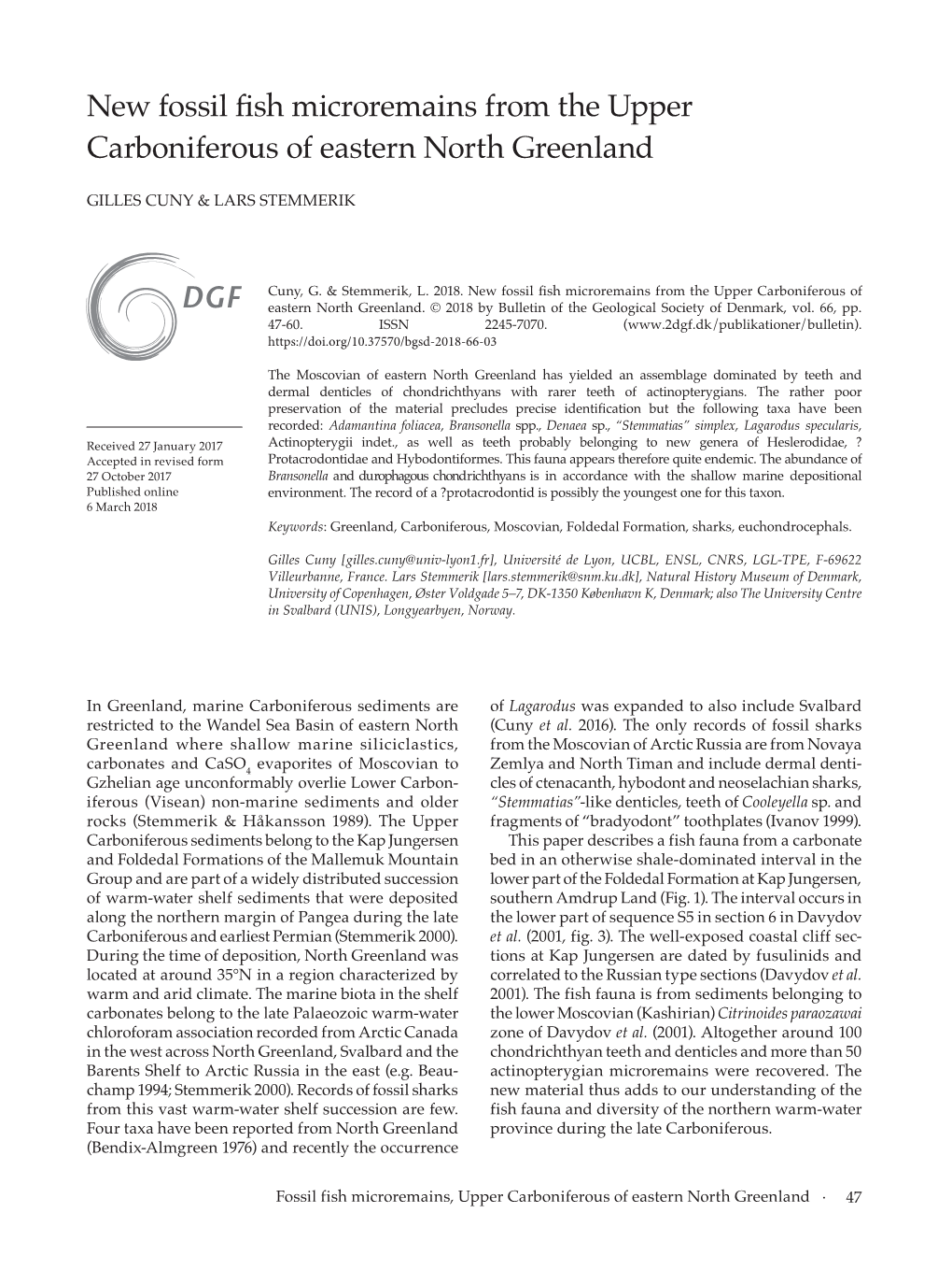 New Fossil Fish Microremains from the Upper Carboniferous of Eastern North Greenland