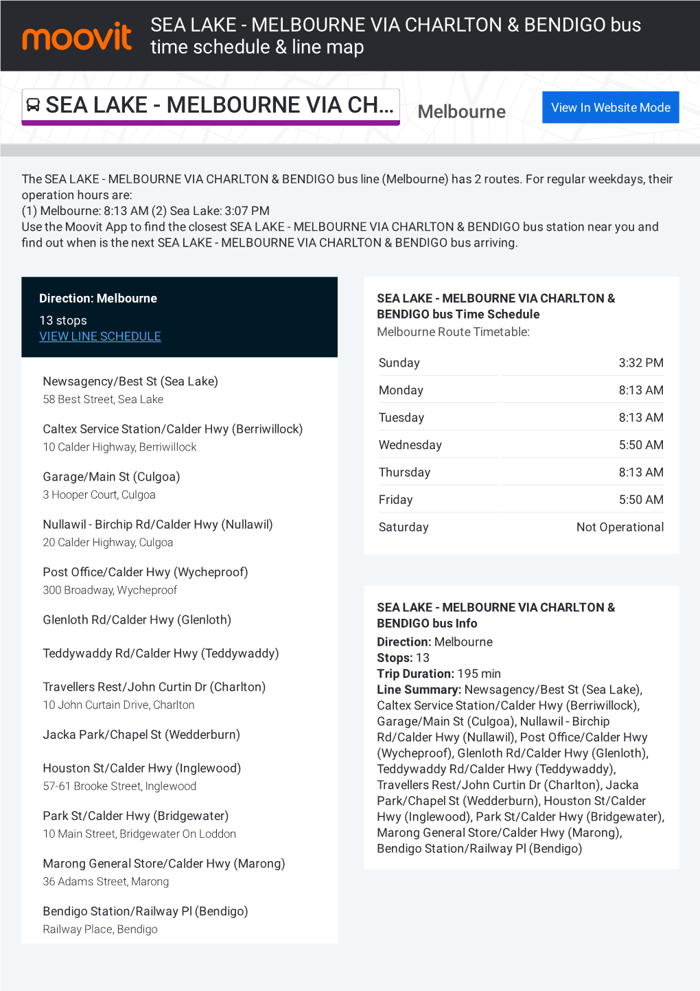 SEA LAKE - MELBOURNE VIA CHARLTON & BENDIGO Bus Time Schedule & Line Map