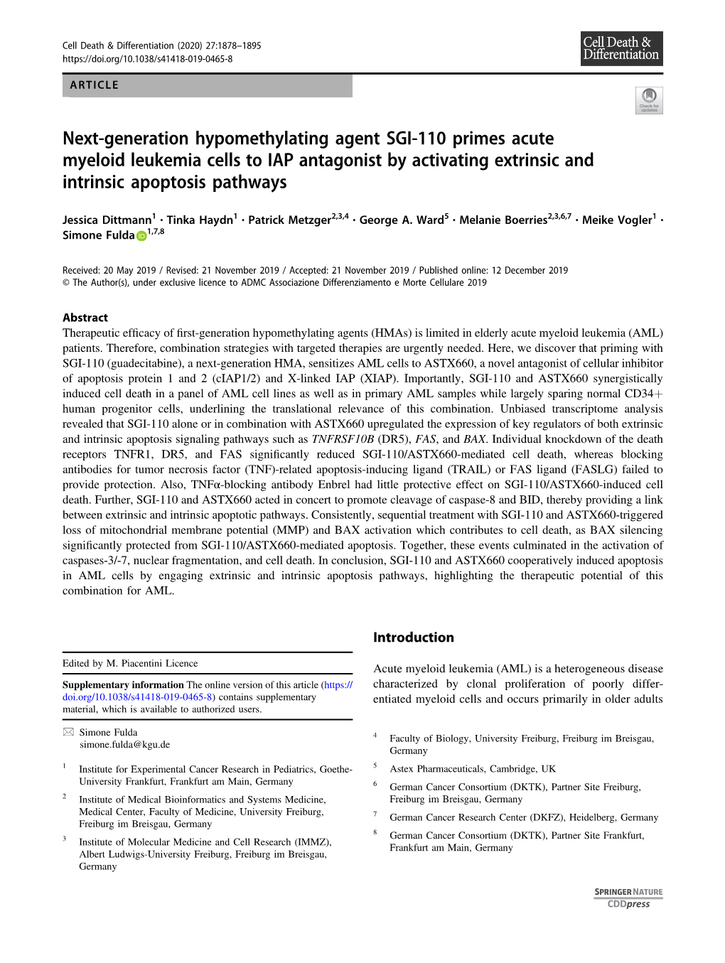 Next-Generation Hypomethylating Agent SGI-110 Primes Acute Myeloid Leukemia Cells to IAP Antagonist by Activating Extrinsic and Intrinsic Apoptosis Pathways