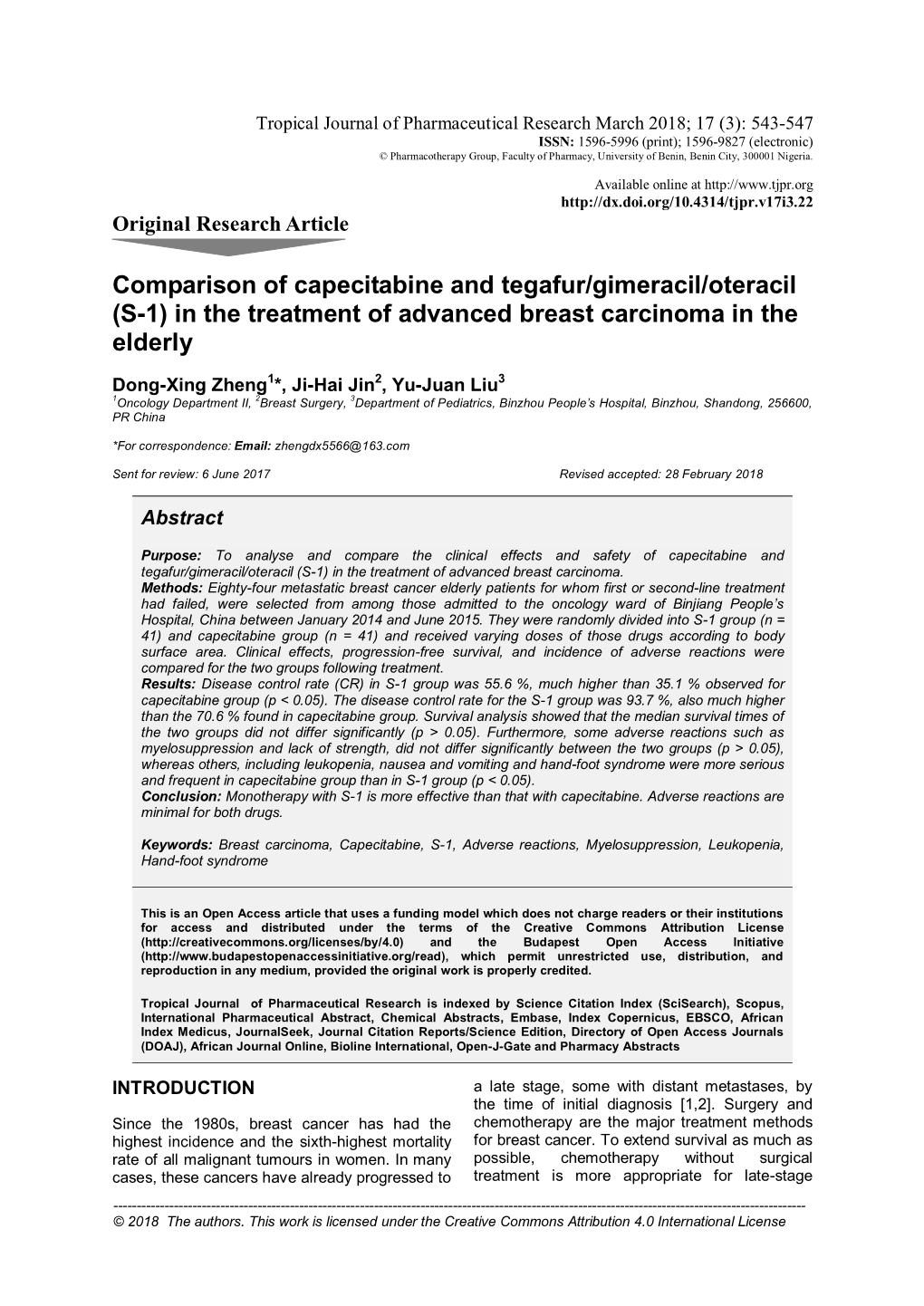 Comparison of Capecitabine and Tegafur/Gimeracil/Oteracil (S - 1) in the Treatment of Advanced Breast Carcinoma in the Elderly