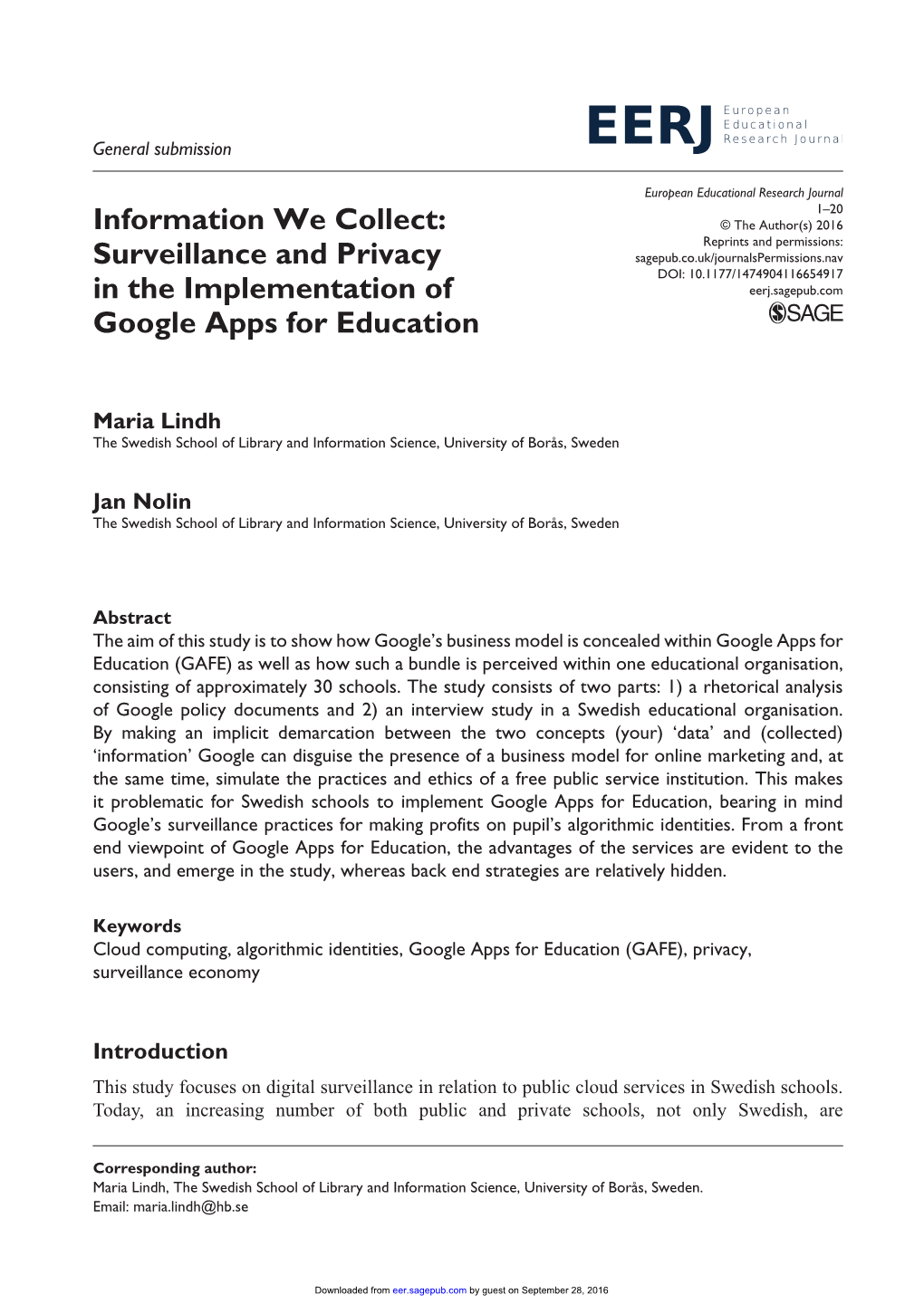 Surveillance and Privacy in the Implementation of Google Apps For