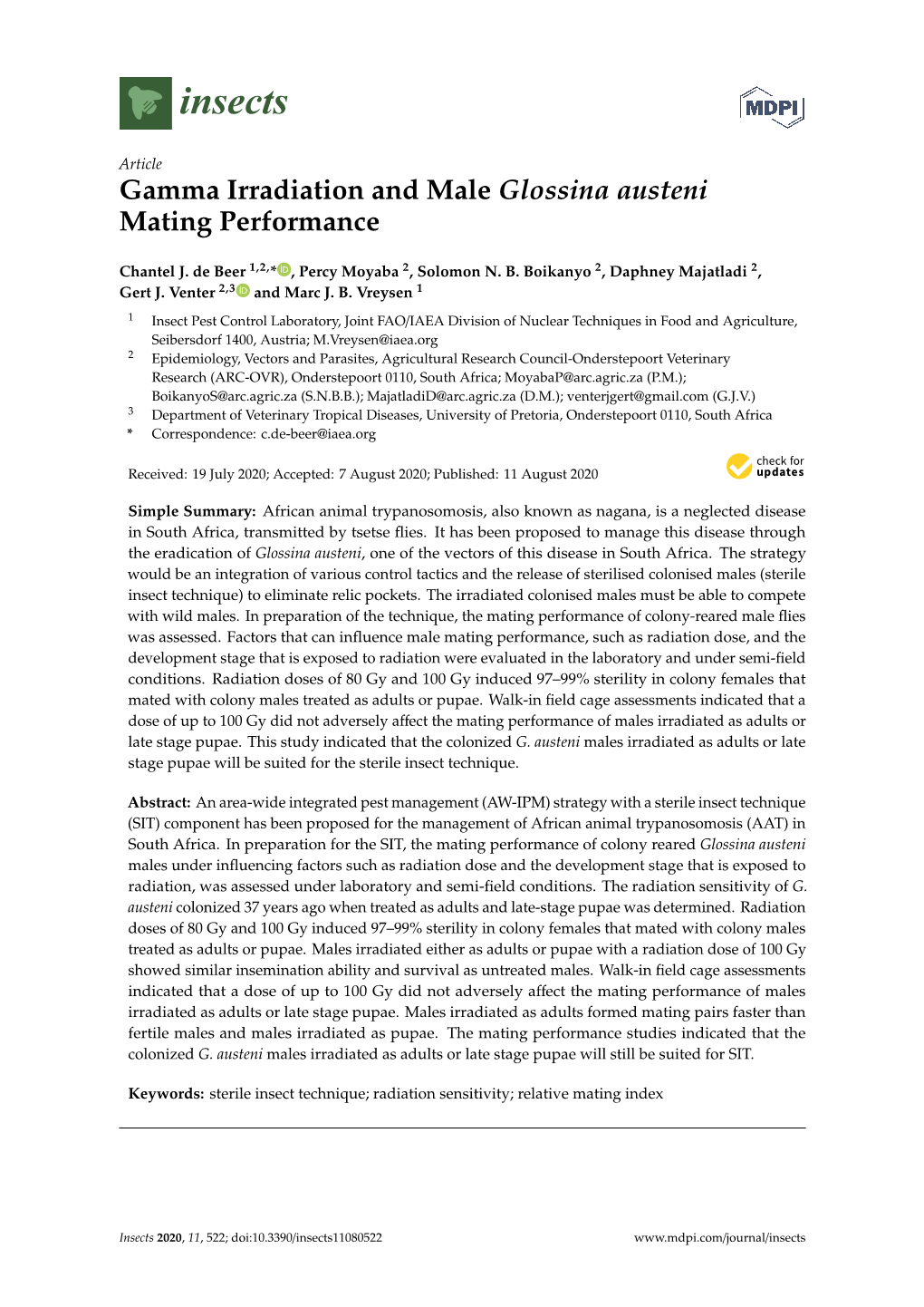 Gamma Irradiation and Male Glossina Austeni Mating Performance