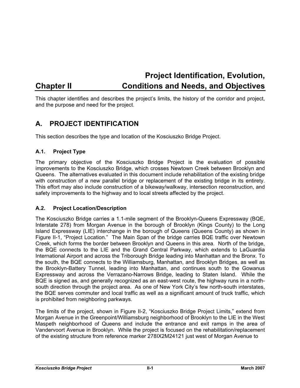 Project Identification, Evolution, Chapter II Conditions and Needs, and Objectives