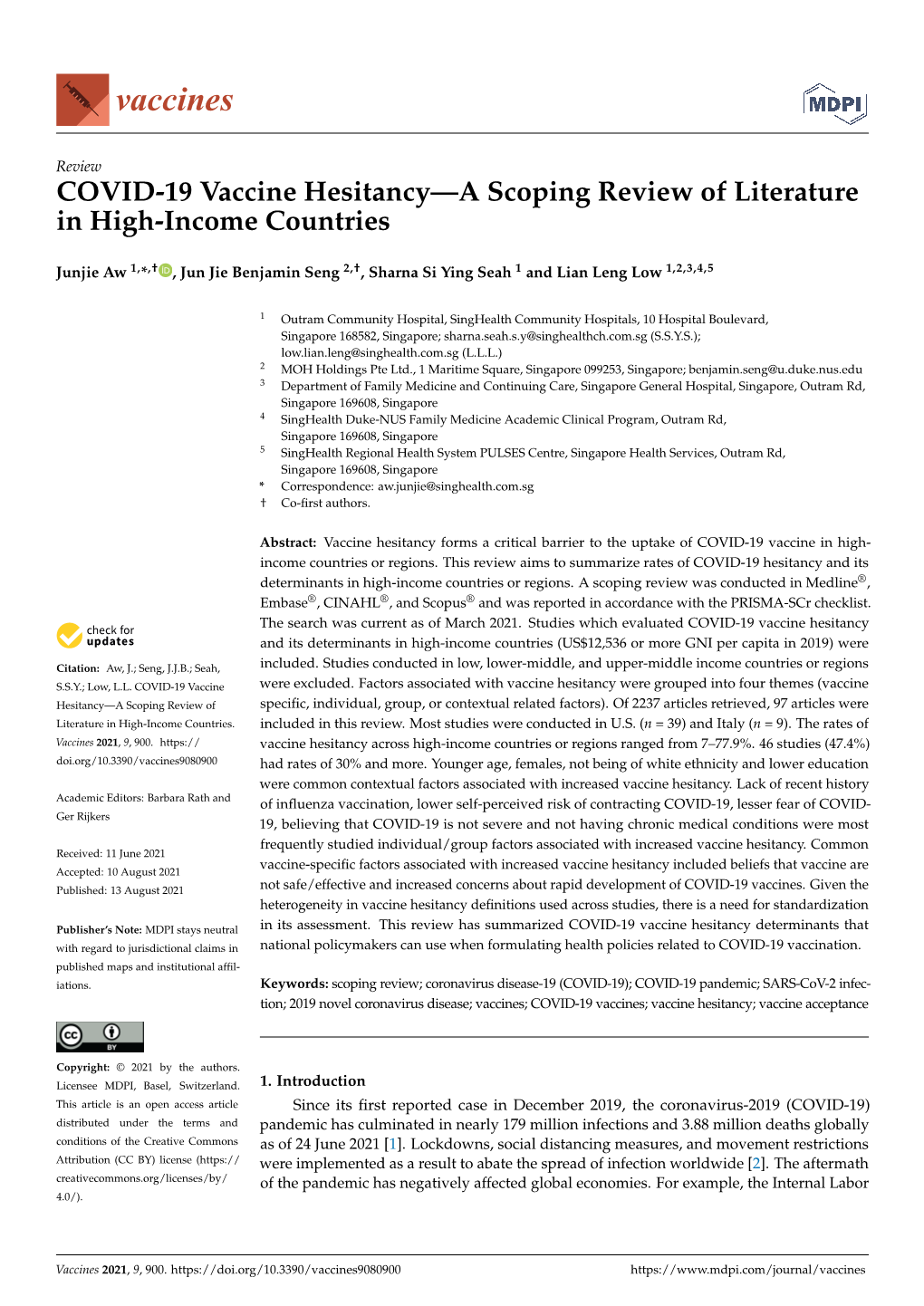 COVID-19 Vaccine Hesitancy—A Scoping Review of Literature in High-Income Countries