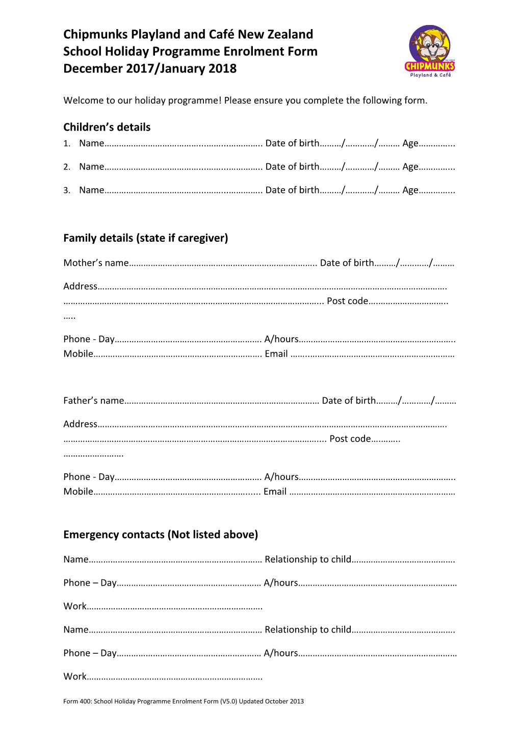 School Holiday Programme Enrolment Form