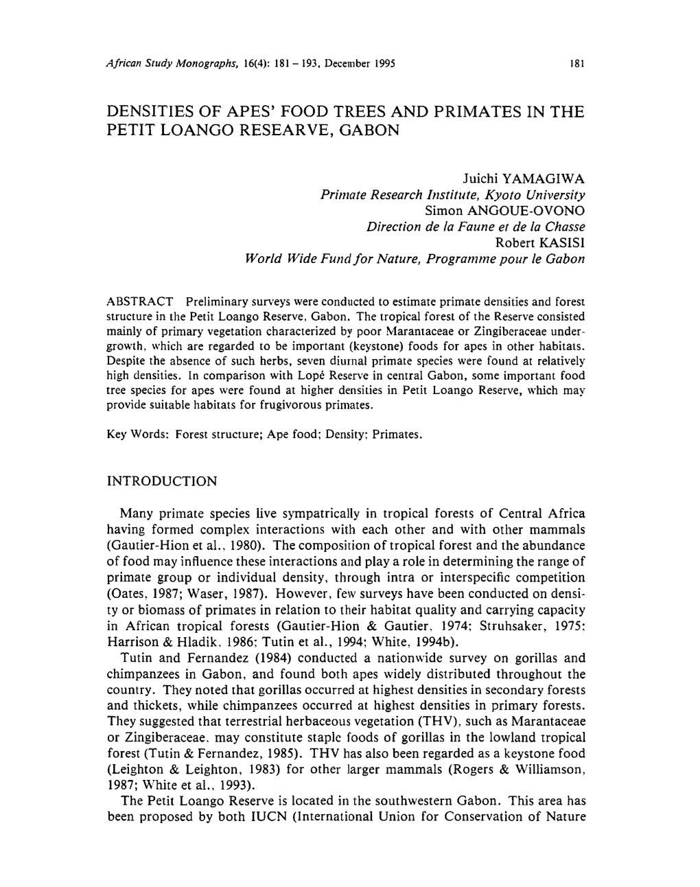 Densities of Apes' Food Trees and Primates in the Petit Loango Researve, Gabon