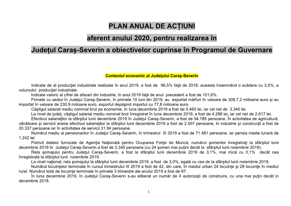 PLAN ANUAL DE ACȚIUNI Aferent Anului 2020, Pentru Realizarea În Județul Caraș-Severin a Obiectivelor Cuprinse În Programul De Guvernare