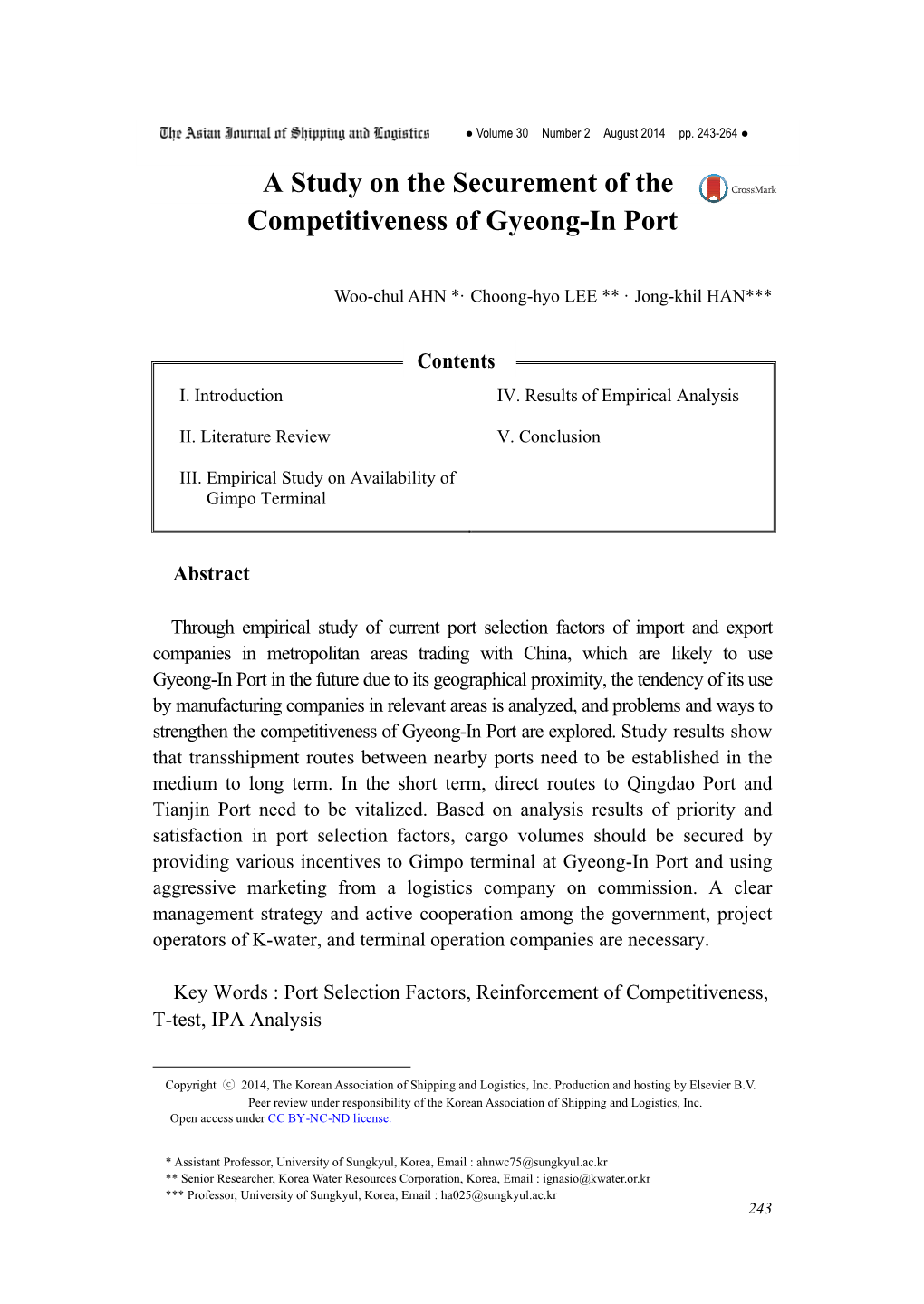 A Study on the Securement of the Competitiveness of Gyeong-In Port G Woo-Chul AHN *· Choong-Hyo LEE ** · Jong-Khil HAN*** G Contents I