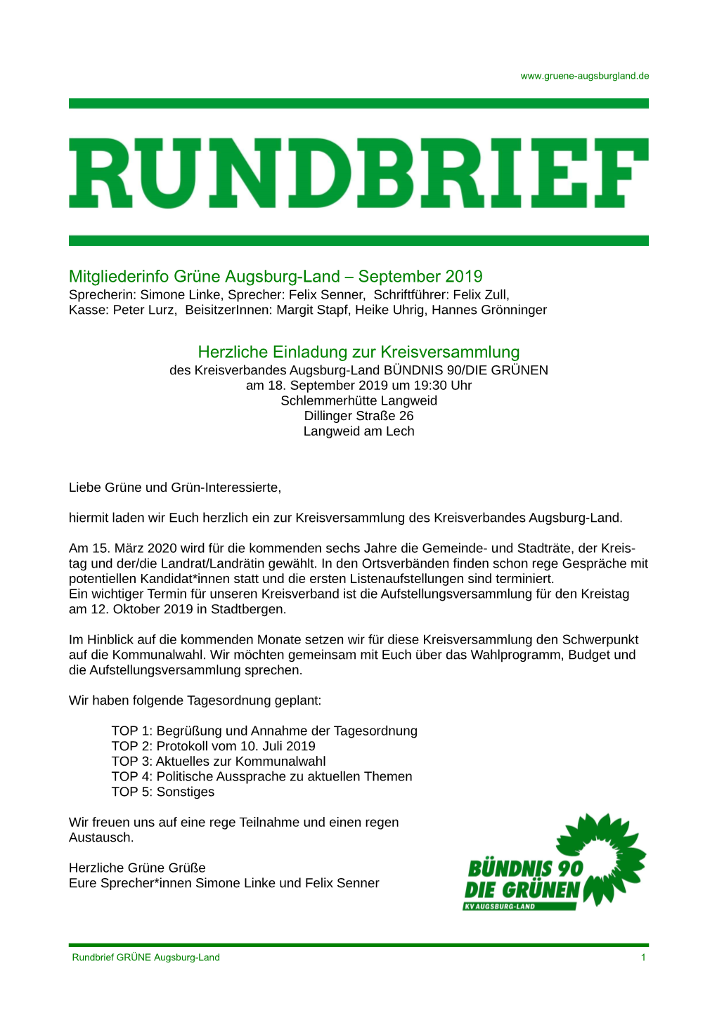 Mitgliederinfo Grüne Augsburg-Land – September 2019 Herzliche