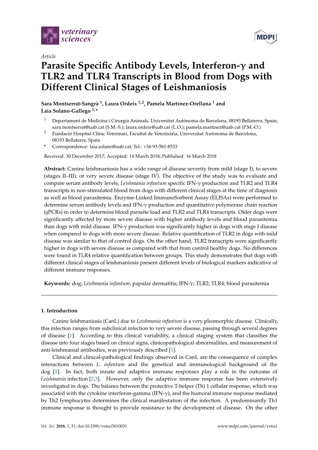 Parasite Specific Antibody Levels, Interferon-Γ and TLR2 and TLR4