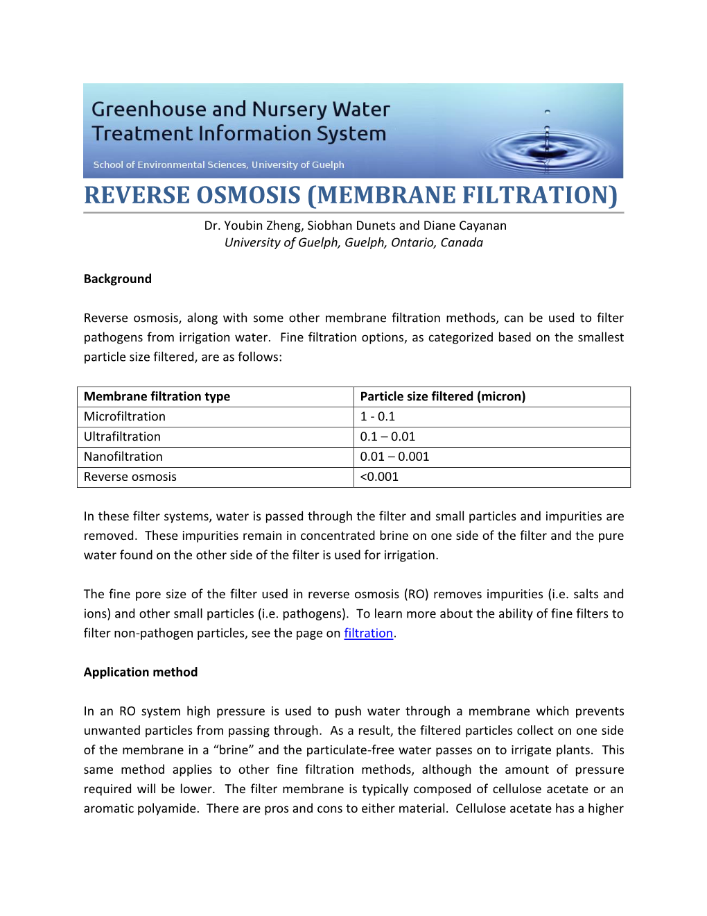 REVERSE OSMOSIS (MEMBRANE FILTRATION) Dr