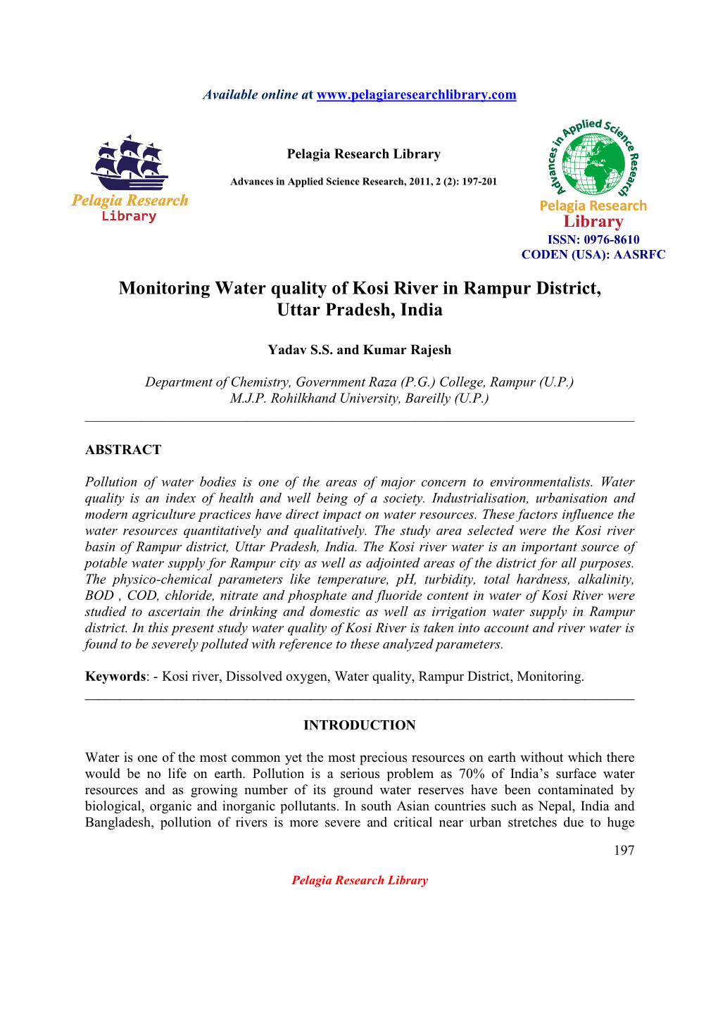 Monitoring Water Quality of Kosi River in Rampur District, Uttar Pradesh, India